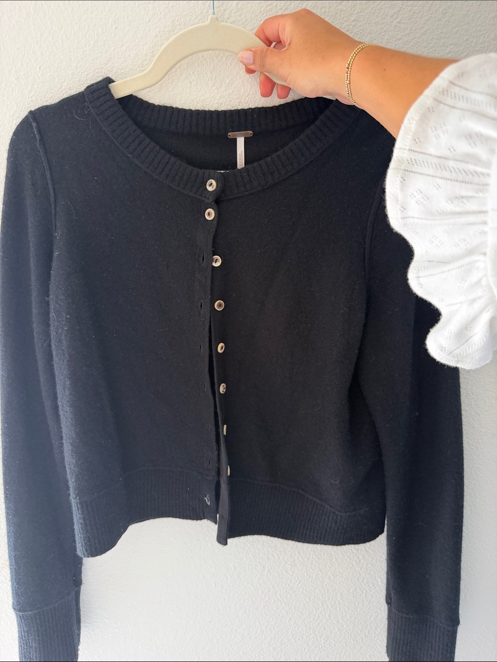 Free People Black Button-Front Crewneck Cardigan